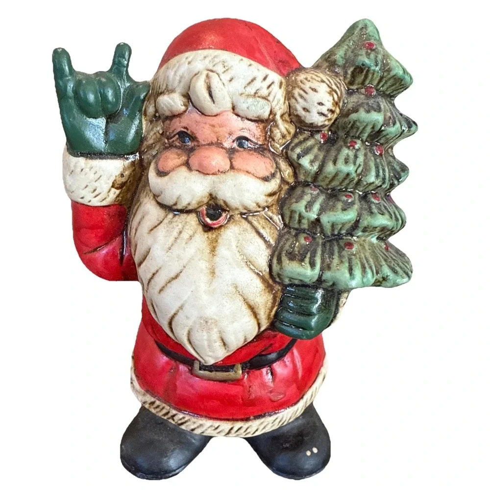 Vintage Santa Claus holding Christmas tree and saying hello Ceramic Figurine 6